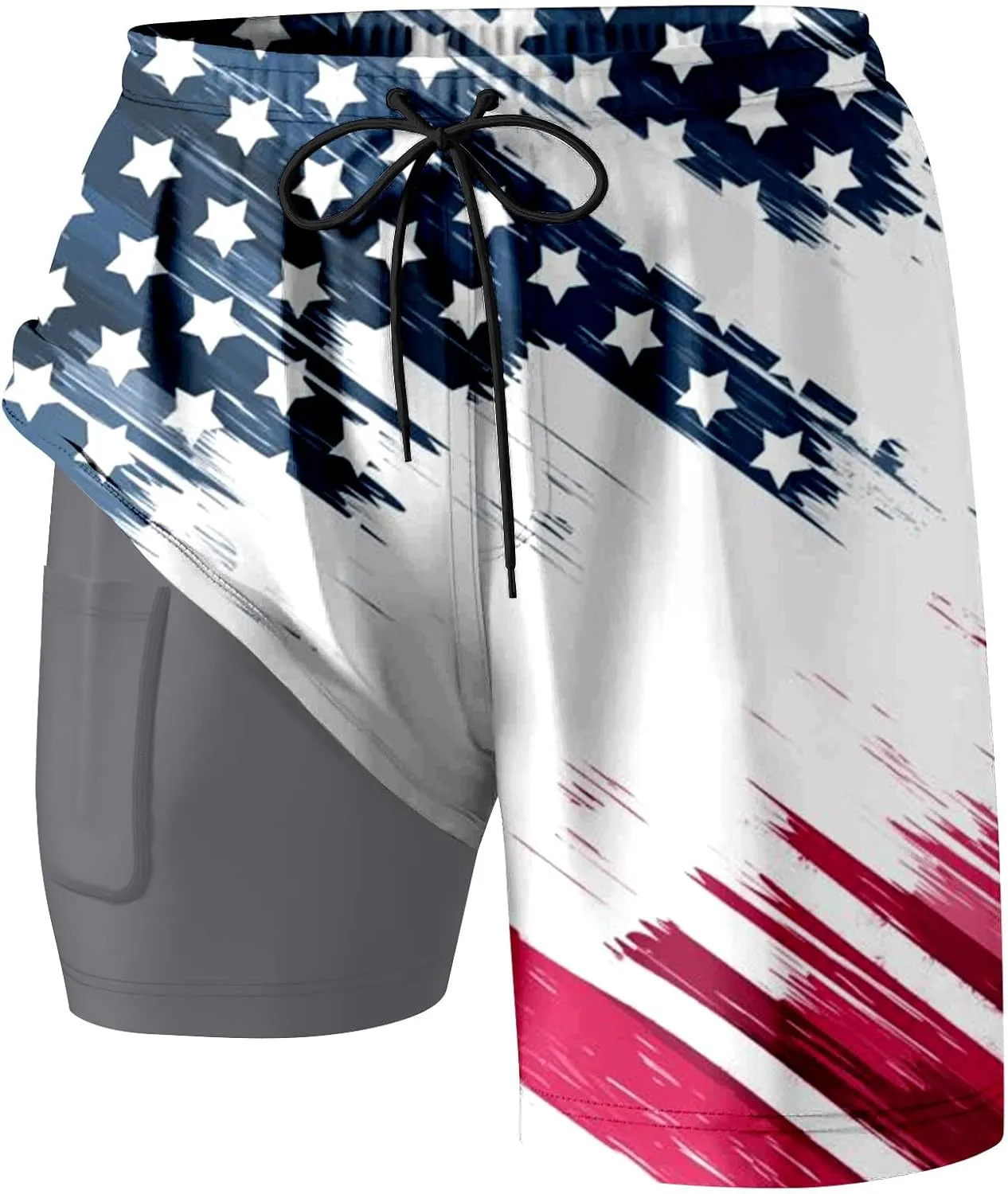 Mens Swim Trunks with Compression Liner 4Th of July Bathing Suit Quick Dry Stretch Summer Beach Swimming Shorts with Pockets