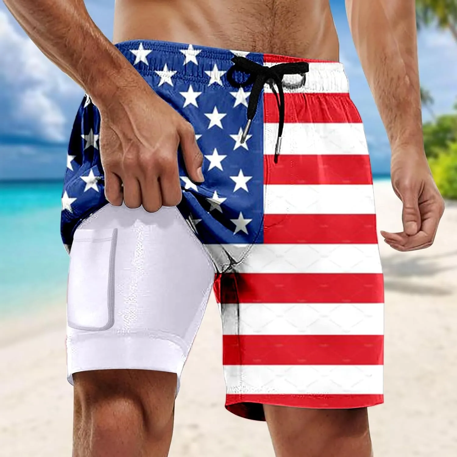 Mens Swim Trunks with Compression Liner 4Th of July Bathing Suit Quick Dry Stretch Summer Beach Swimming Shorts with Pockets