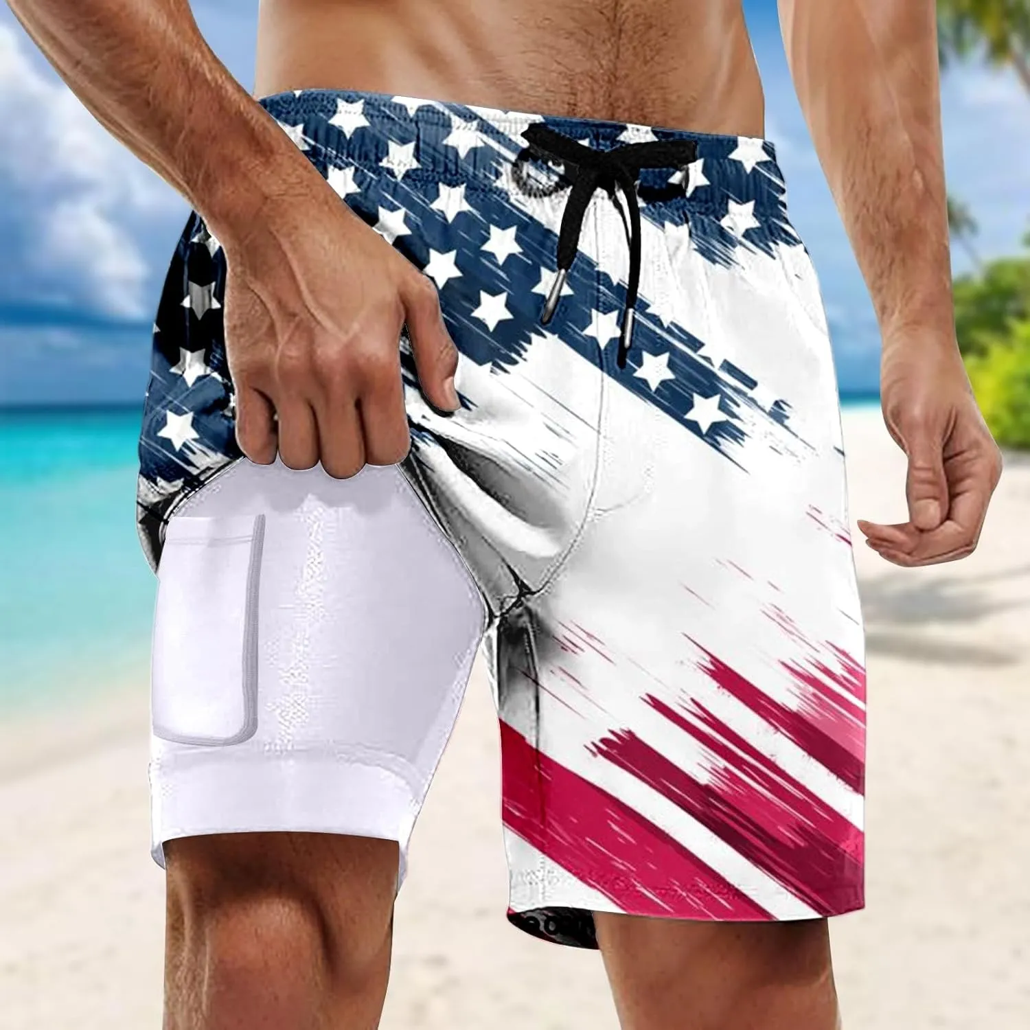 Mens Swim Trunks with Compression Liner 4Th of July Bathing Suit Quick Dry Stretch Summer Beach Swimming Shorts with Pockets