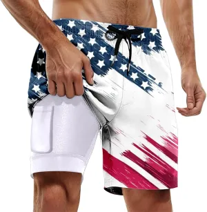 Mens Swim Trunks with Compression Liner 4Th of July Bathing Suit Quick Dry Stretch Summer Beach Swimming Shorts with Pockets