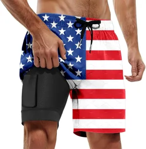 Mens Swim Trunks with Compression Liner 4Th of July Bathing Suit Quick Dry Stretch Summer Beach Swimming Shorts with Pockets
