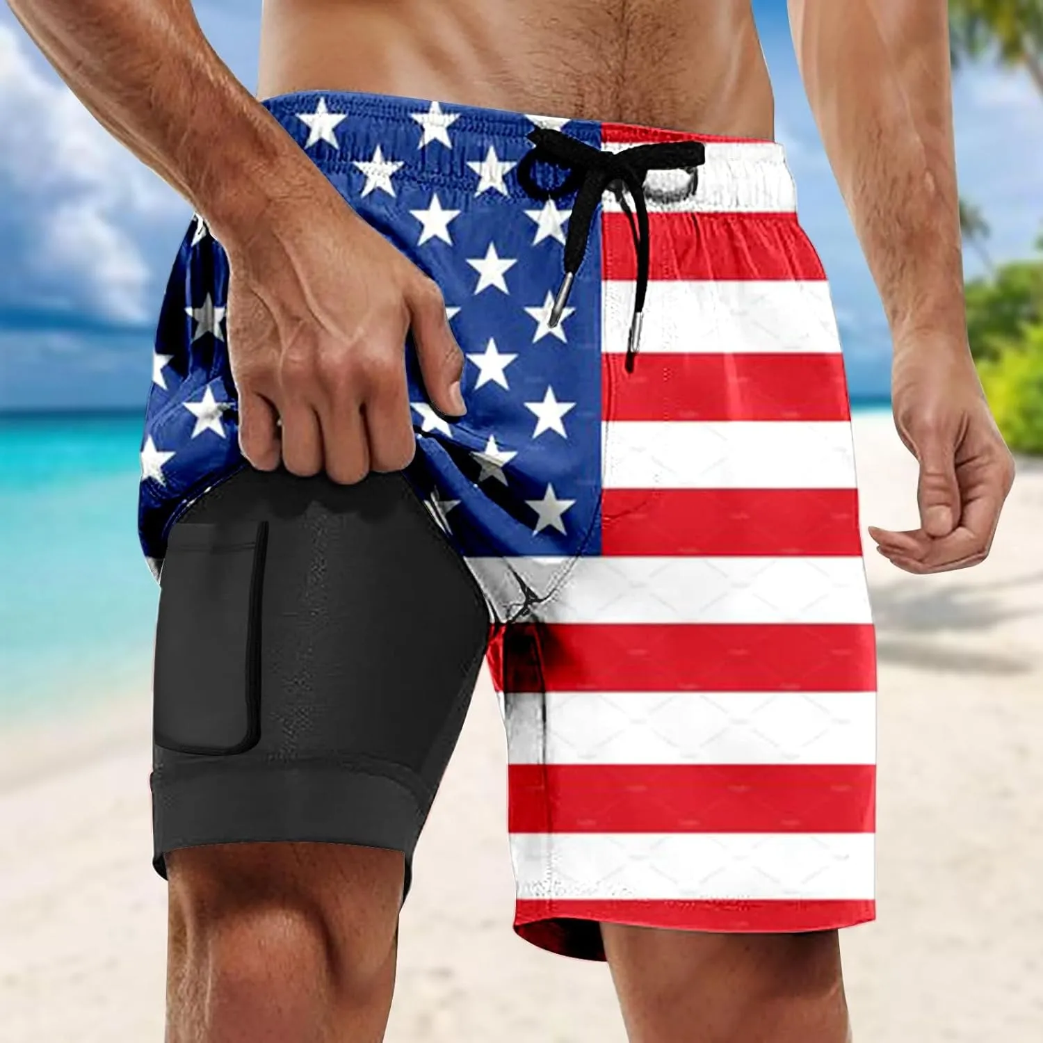 Mens Swim Trunks with Compression Liner 4Th of July Bathing Suit Quick Dry Stretch Summer Beach Swimming Shorts with Pockets