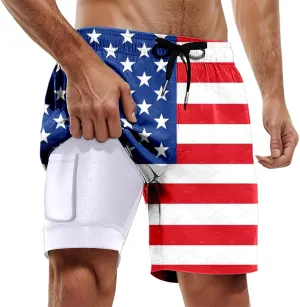 Mens Swim Trunks with Compression Liner 4Th of July Bathing Suit Quick Dry Stretch Summer Beach Swimming Shorts with Pockets