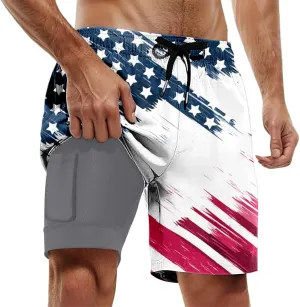 Mens Swim Trunks with Compression Liner 4Th of July Bathing Suit Quick Dry Stretch Summer Beach Swimming Shorts with Pockets