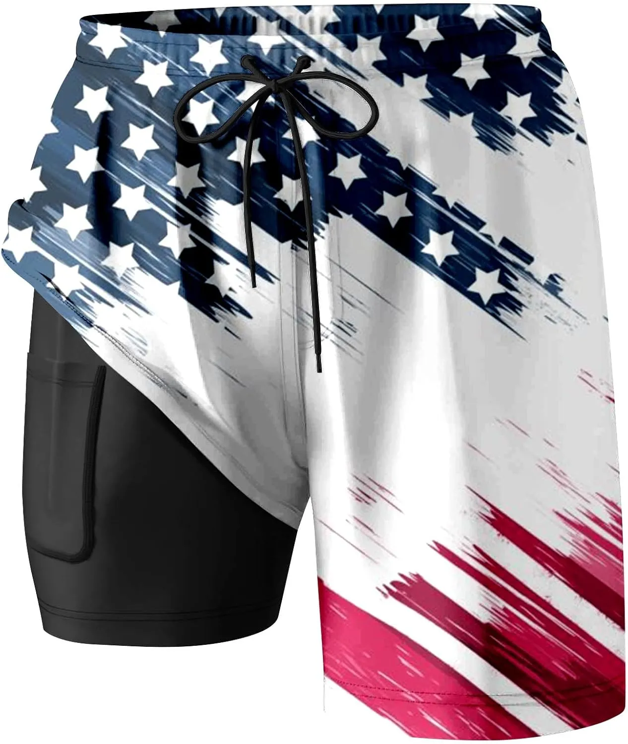 Mens Swim Trunks with Compression Liner 4Th of July Bathing Suit Quick Dry Stretch Summer Beach Swimming Shorts with Pockets