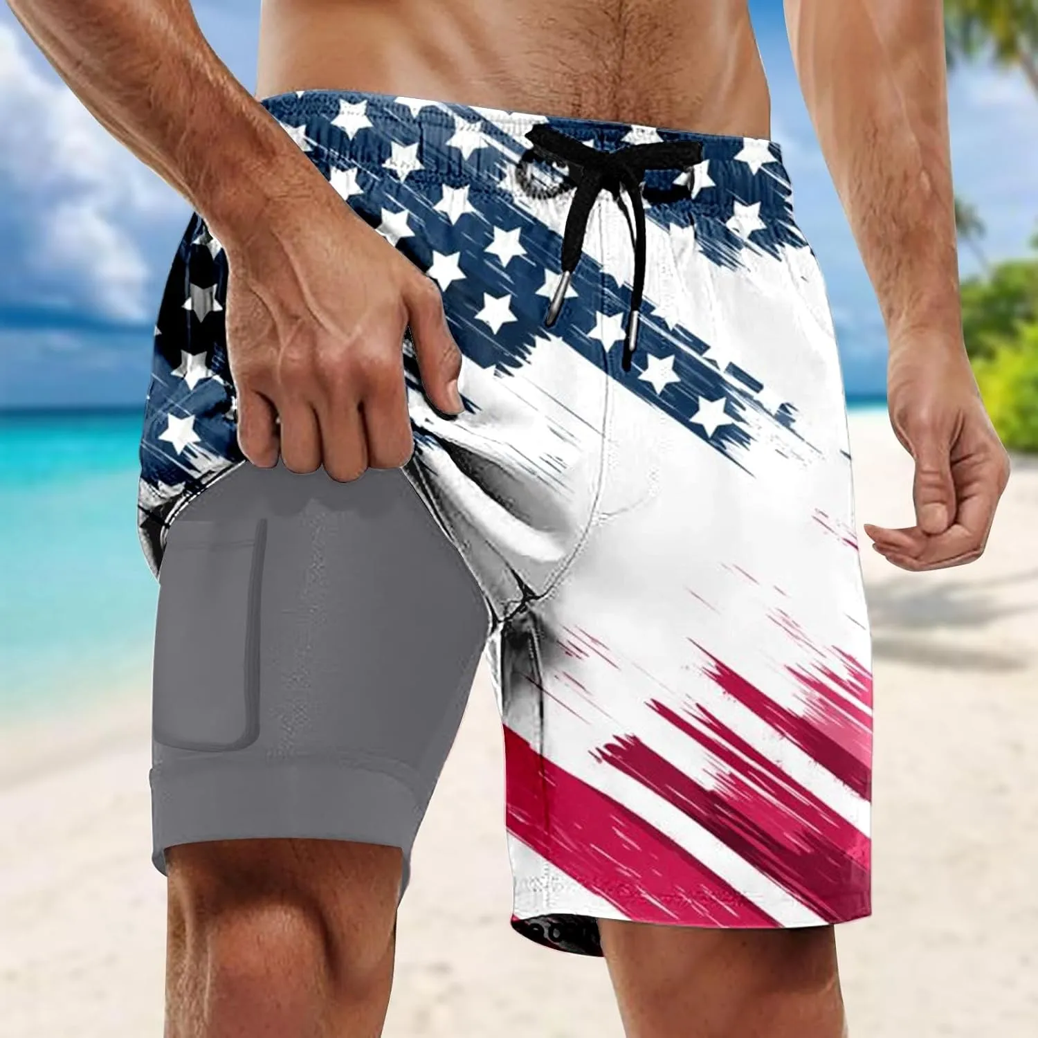 Mens Swim Trunks with Compression Liner 4Th of July Bathing Suit Quick Dry Stretch Summer Beach Swimming Shorts with Pockets