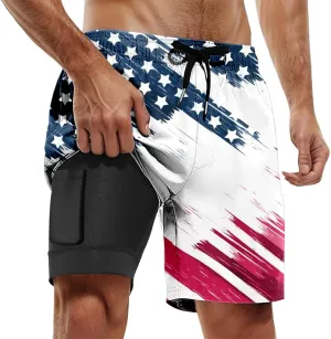Mens Swim Trunks with Compression Liner 4Th of July Bathing Suit Quick Dry Stretch Summer Beach Swimming Shorts with Pockets