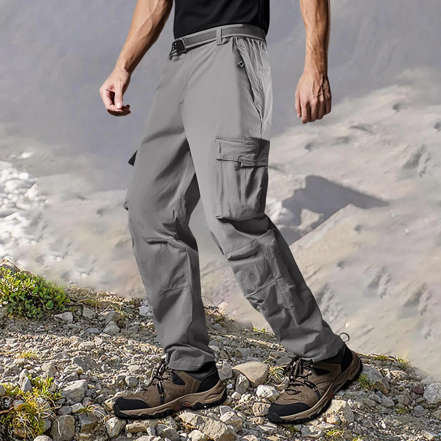 Mens Tactical Cargo Pants Loose Fit Stretch Casual Hiking Pants Lightweight Straight Leg Summer Athletic Joggers with Pockets