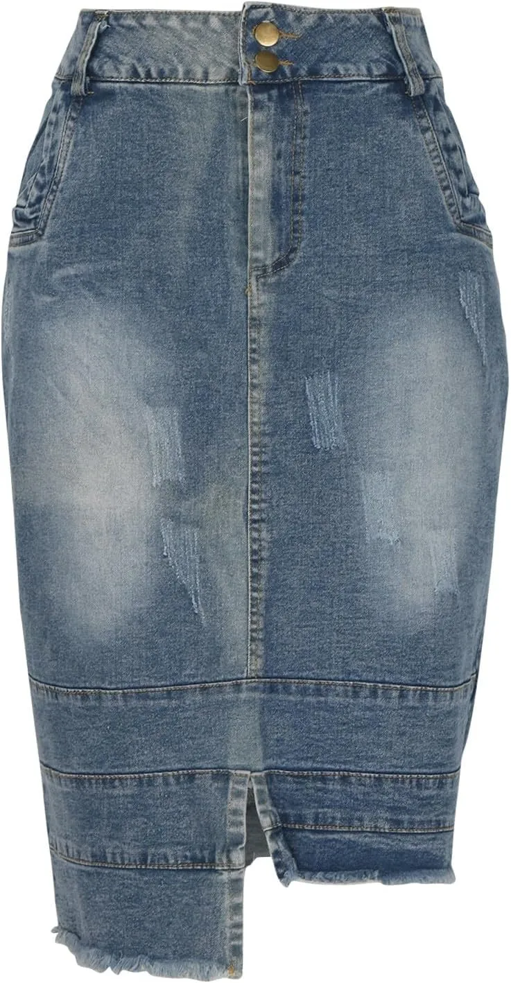 Midi Denim Skirts for Women Irregular Hem Denim Skirts High Waist Wrap Skirt Washed Jean Midi Skirts Half Dress
