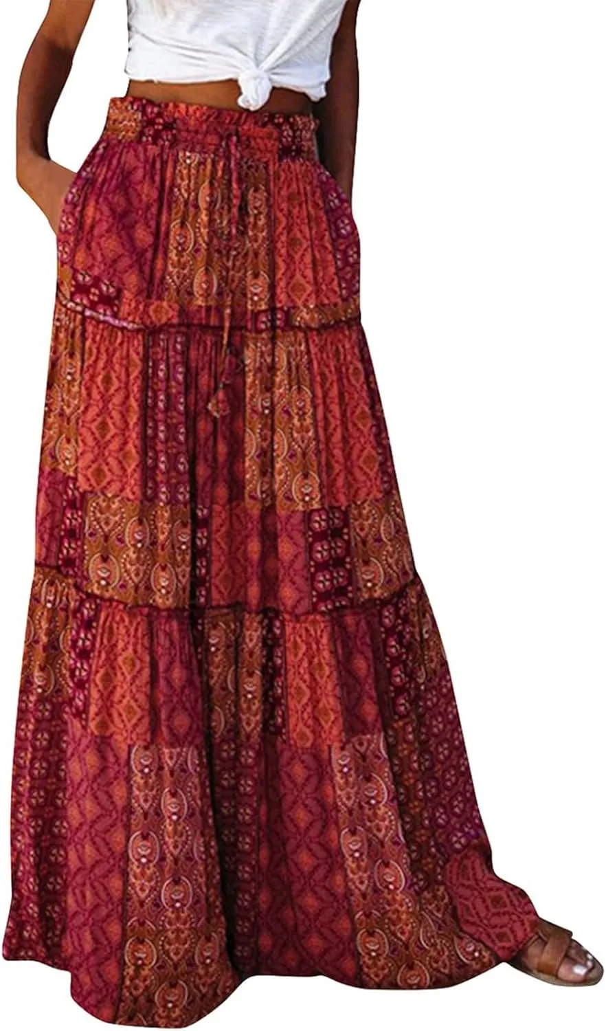 Midi Skirt,Elastic High Waist Drawstring Ruffle Hem Flowy Maxi Skirts for Women Trendy 2025 Summer Vacation Boho