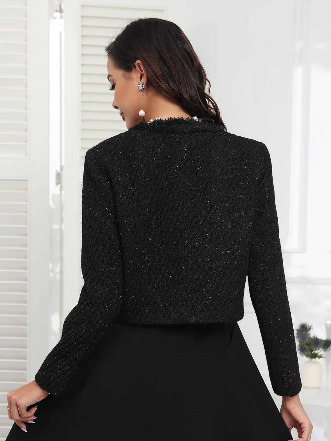 M.Infisavo Tweed Blazer Jackets for Women Fall Winter Long Sleeve Elegant Work Business Casual Cropped Jacket