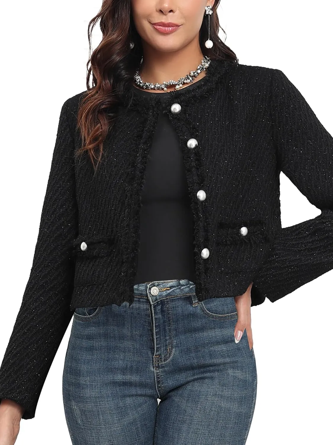 M.Infisavo Tweed Blazer Jackets for Women Fall Winter Long Sleeve Elegant Work Business Casual Cropped Jacket