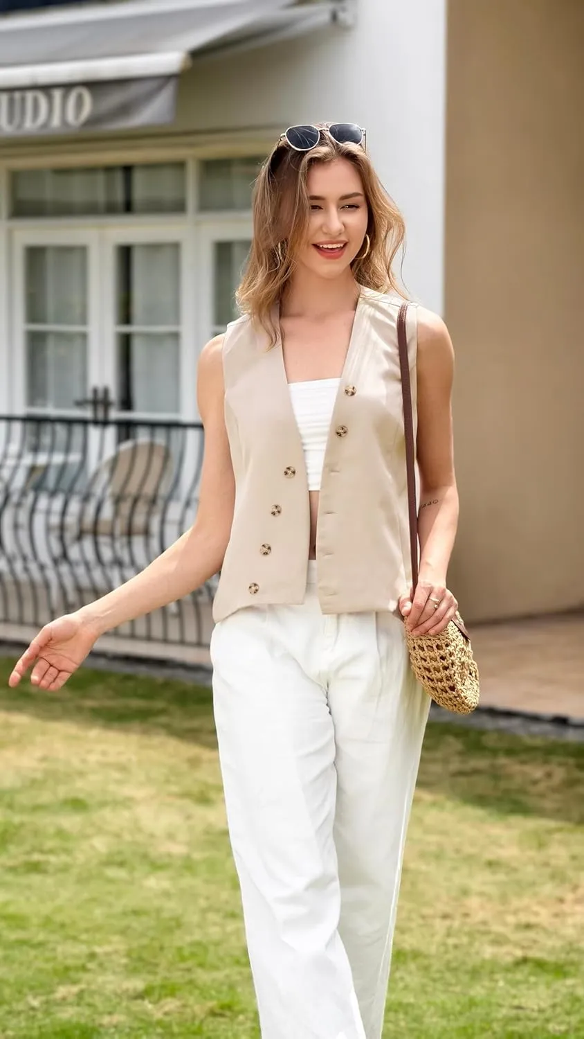 MISS MOLY Women's 2025 Trendy Blazer Vest Summer Sleeveless Outerwear Fully Lined Button Suit Waistcoat Vest