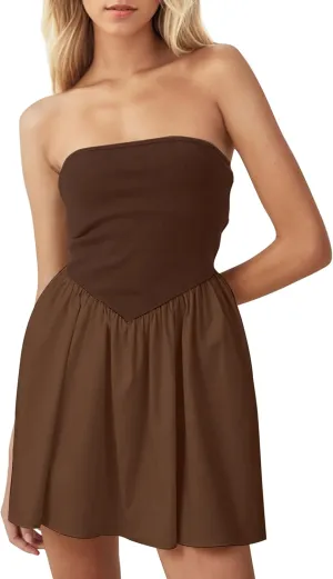 MISSACTIVER Women Strapless Tube Top Mini Dress Off Shoulder Sleeveless Drop-Waist A Line Short Dress Summer Patchwork Dress