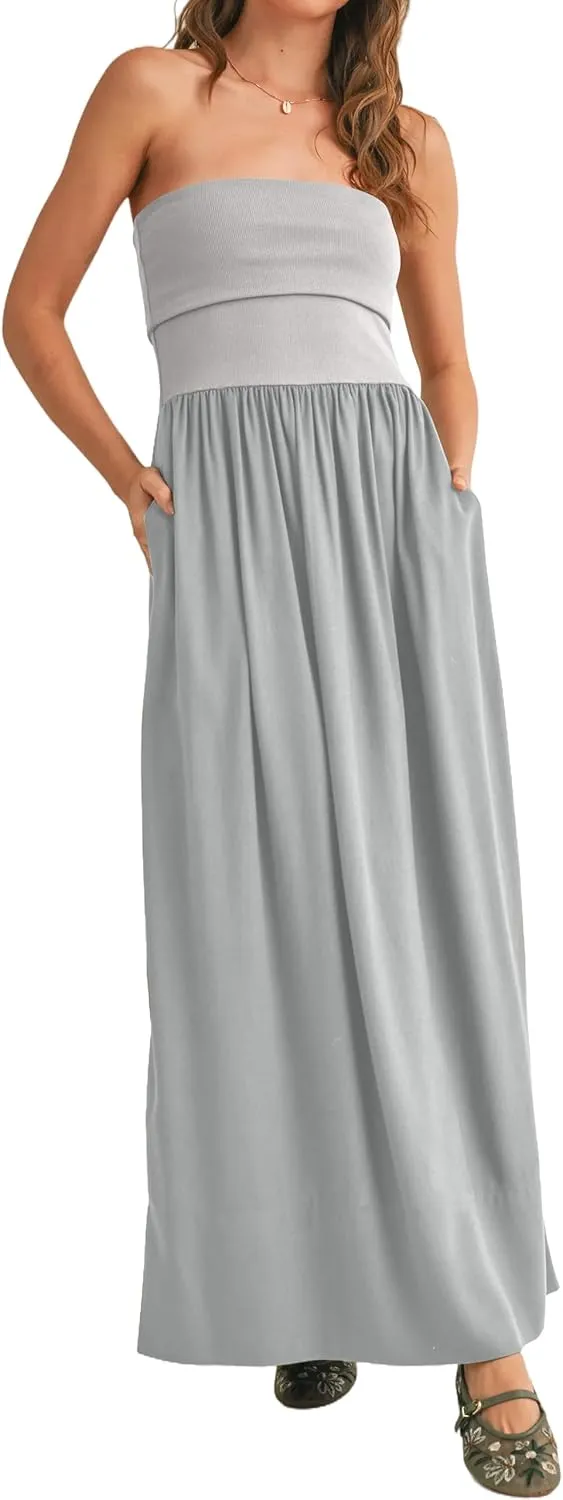 MISSACTIVER Womens Summer Drop Waist Tube Dress Flowy Patchwork Strapless Maxi Dress Off Shoulder Casual Bandeau Tank Dress