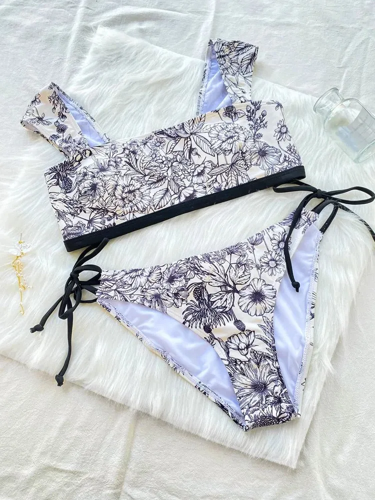 Miyouj Print Swimsuit Bandage Bikini Set Short Sleeve  Sexy Bikinis Bathing Suits Summer Biquini