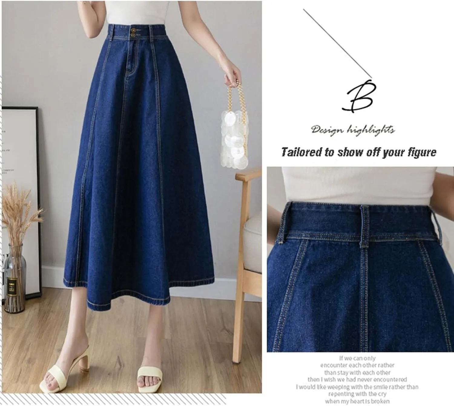 MLAFE Womens Denim A-Line Long Midi Skirt Women'S Casual High Waisted Solid Button Denim Jean Skirt Pleated Long Denim Skirt