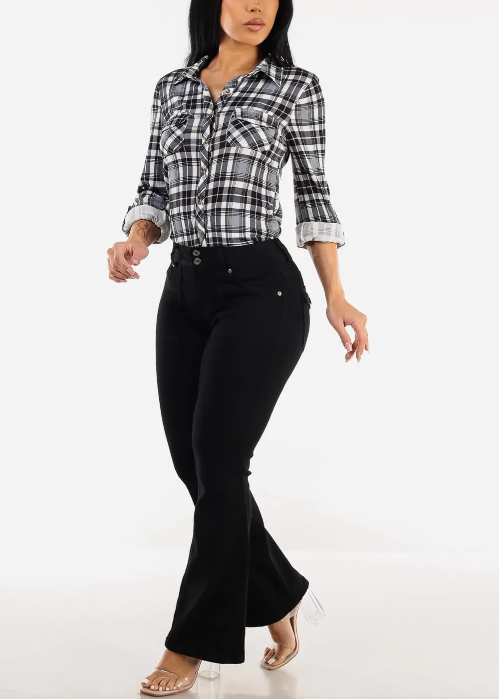 Moda Xpress Womens Juniors High Waisted Stretchy Straight Wide Leg Flared Jeans for Women