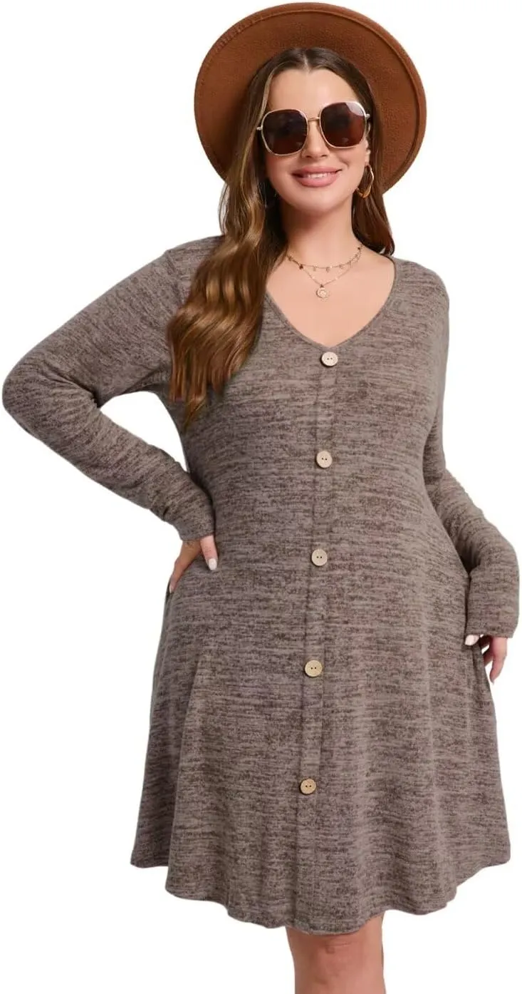 MONNURO Womens Plus Size Dresses Casual Swing Tunic Dress V Neck Button Lightweight Sweaters Dress Pockets
