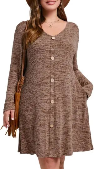 MONNURO Womens Plus Size Dresses Casual Swing Tunic Dress V Neck Button Lightweight Sweaters Dress Pockets