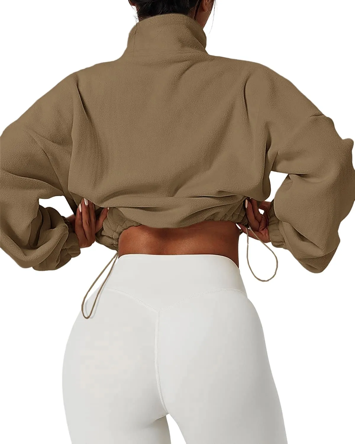 Muchpow Women's Full Zip Fleece Short Jackets Casual Winter Long Sleeve Stand Collar Sherpa Crop Coat