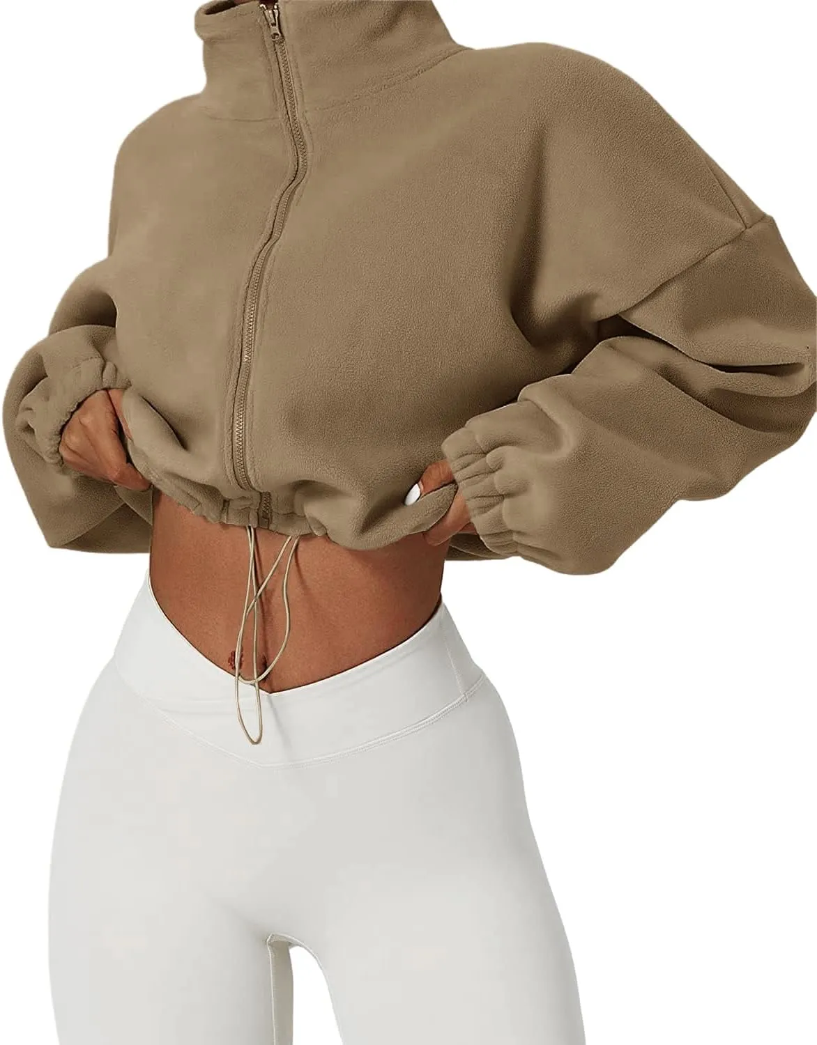 Muchpow Women's Full Zip Fleece Short Jackets Casual Winter Long Sleeve Stand Collar Sherpa Crop Coat