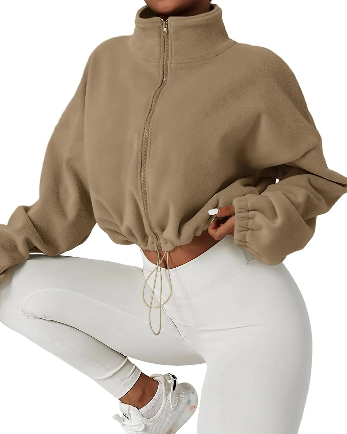 Muchpow Women's Full Zip Fleece Short Jackets Casual Winter Long Sleeve Stand Collar Sherpa Crop Coat