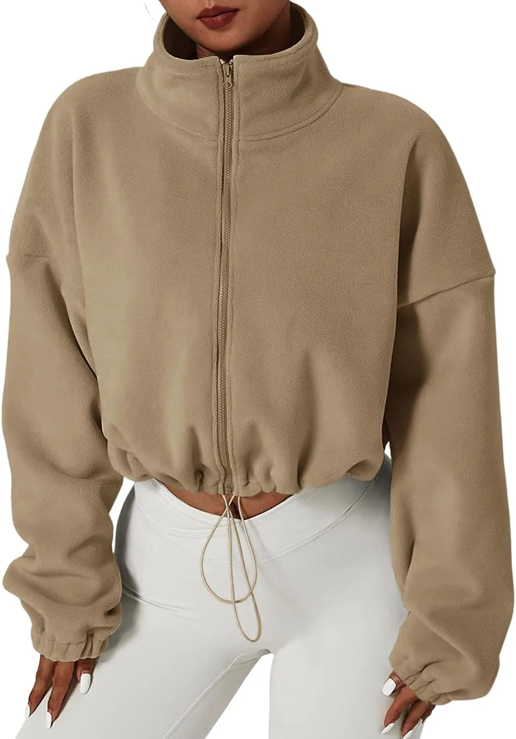 Muchpow Women's Full Zip Fleece Short Jackets Casual Winter Long Sleeve Stand Collar Sherpa Crop Coat