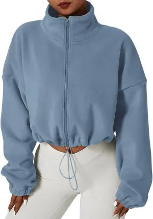 Muchpow Women's Full Zip Fleece Short Jackets Casual Winter Long Sleeve Stand Collar Sherpa Crop Coat