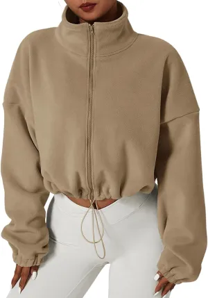Muchpow Women's Full Zip Fleece Short Jackets Casual Winter Long Sleeve Stand Collar Sherpa Crop Coat