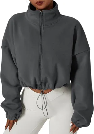 Muchpow Women's Full Zip Fleece Short Jackets Casual Winter Long Sleeve Stand Collar Sherpa Crop Coat