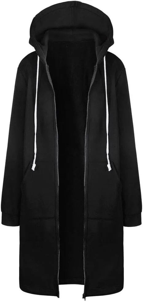 Muyise Women's Casual Zip Up Long Hoodies Tunic Sweatshirt Winter Warm Long Sleeve Hooded Outerwear Jacket Coat with Pockets