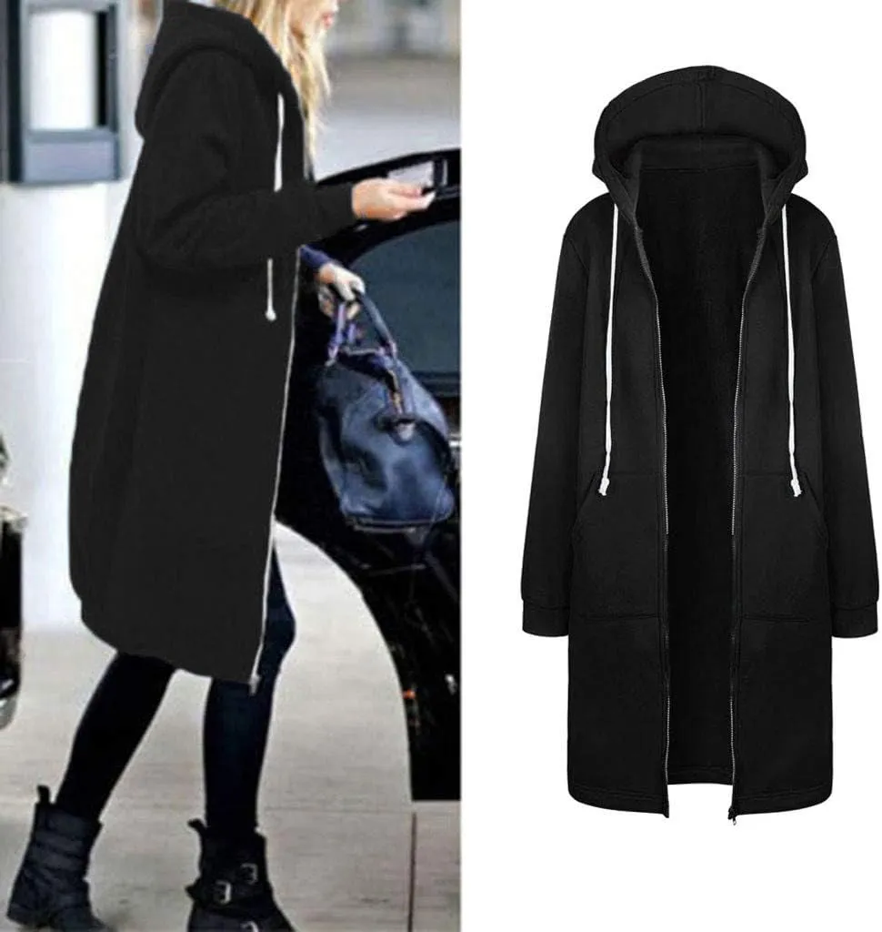 Muyise Women's Casual Zip Up Long Hoodies Tunic Sweatshirt Winter Warm Long Sleeve Hooded Outerwear Jacket Coat with Pockets