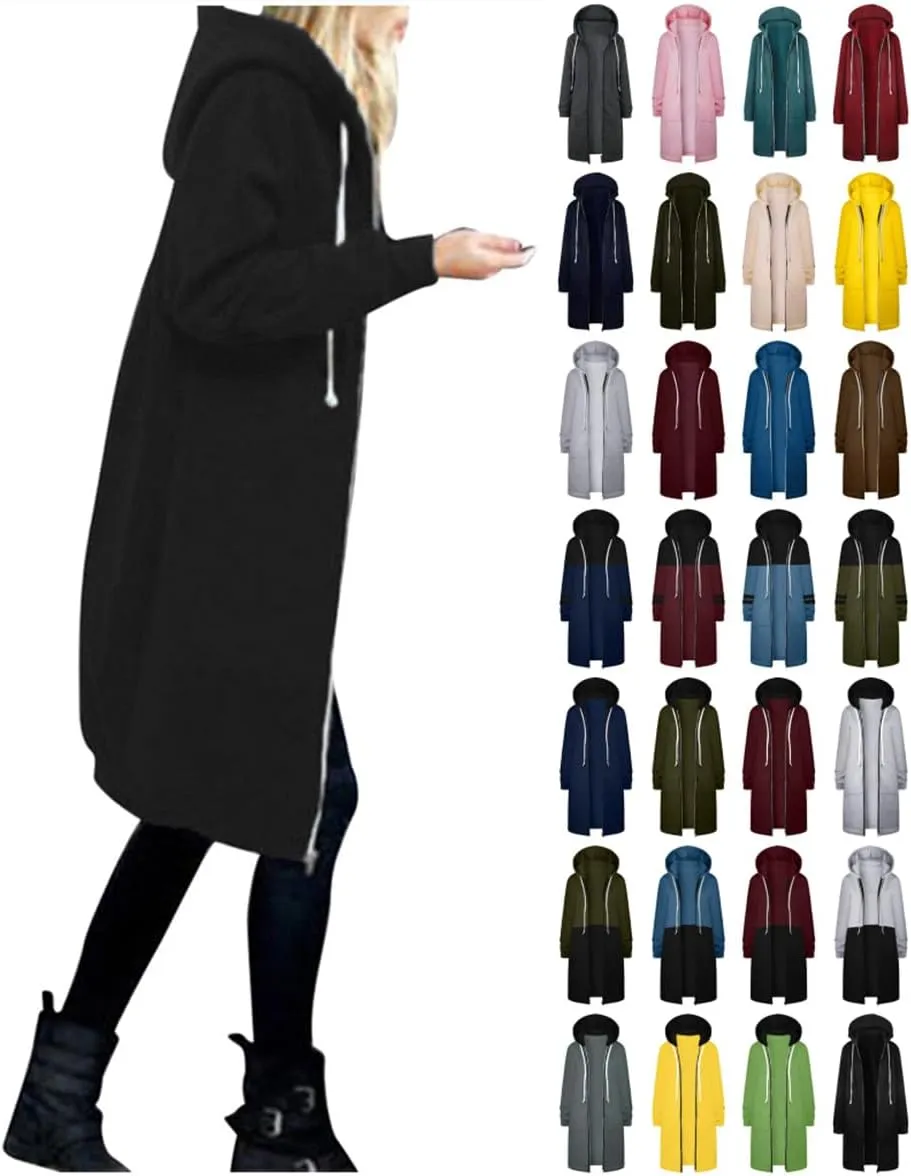 Muyise Women's Casual Zip Up Long Hoodies Tunic Sweatshirt Winter Warm Long Sleeve Hooded Outerwear Jacket Coat with Pockets