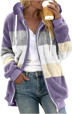 Muyise Womens Warm Fuzzy Zip Up Hoodie Oversized Sherpa Jacket Winter Fluffy Fleece Hooded Outerwear Coat with Pockets