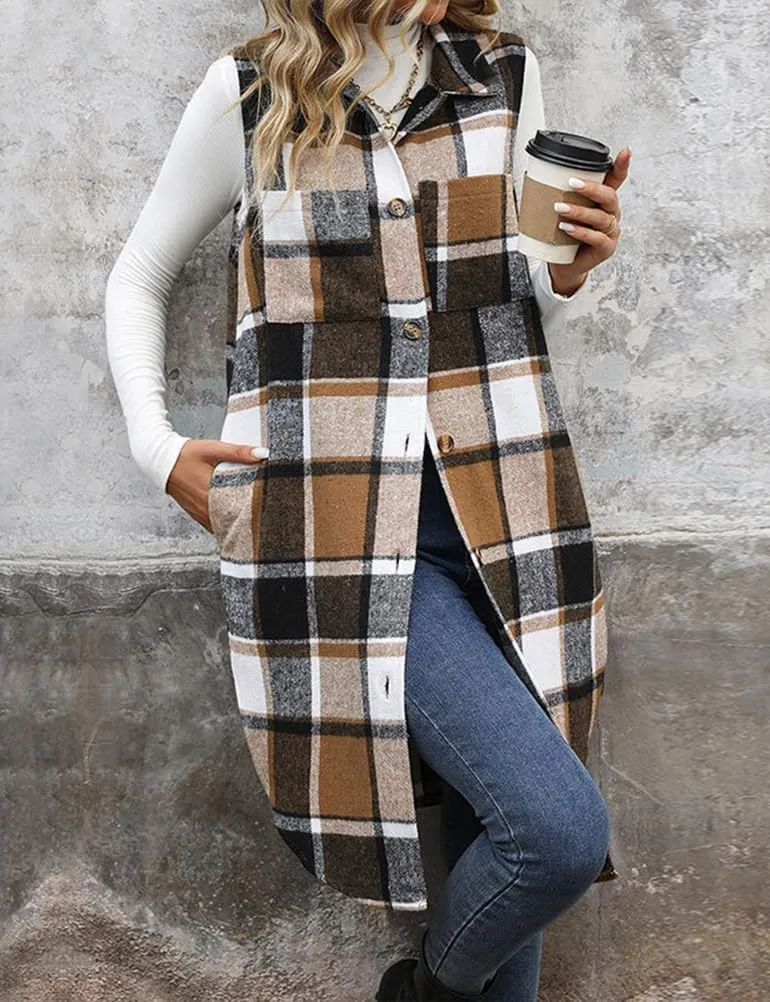Mywinway Long Plaid Vest for Women 2025 Fall Winter Sleeveless Blazer Jackets Outerwear Trendy Tops