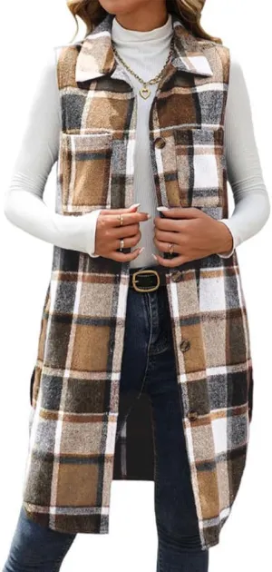 Mywinway Long Plaid Vest for Women 2025 Fall Winter Sleeveless Blazer Jackets Outerwear Trendy Tops