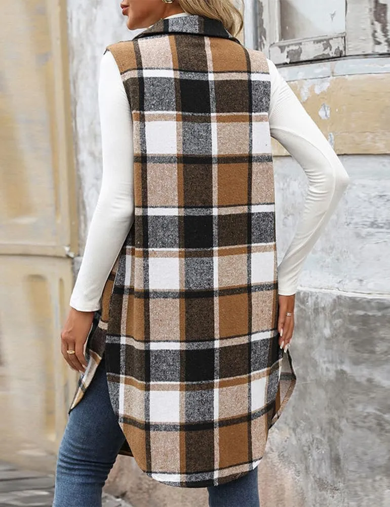 Mywinway Long Plaid Vest for Women 2025 Fall Winter Sleeveless Blazer Jackets Outerwear Trendy Tops