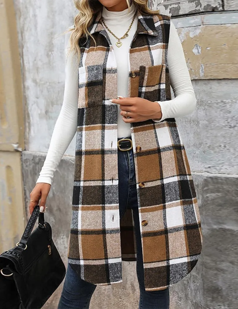 Mywinway Long Plaid Vest for Women 2025 Fall Winter Sleeveless Blazer Jackets Outerwear Trendy Tops