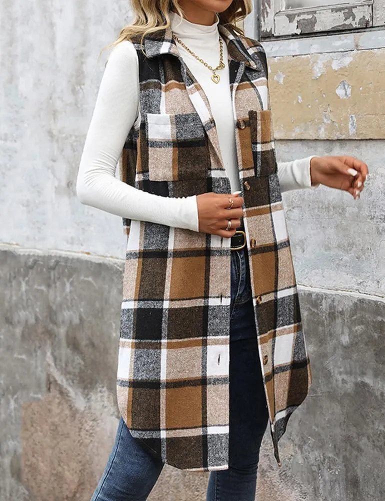 Mywinway Long Plaid Vest for Women 2025 Fall Winter Sleeveless Blazer Jackets Outerwear Trendy Tops