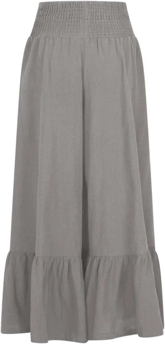 NATHGAM Women's Solid Wide Straight Leg Flared Pants Summer Lightweight Cotton Linen Elastic High Waist Soft Comfy Trousers