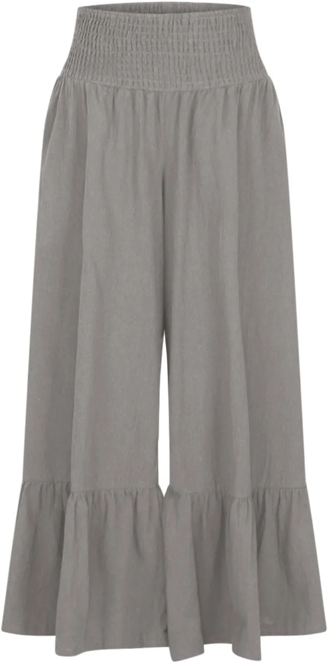 NATHGAM Women's Solid Wide Straight Leg Flared Pants Summer Lightweight Cotton Linen Elastic High Waist Soft Comfy Trousers