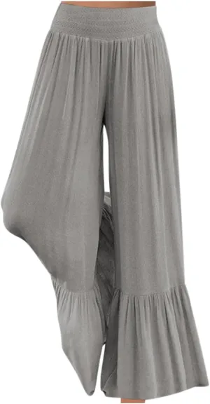 NATHGAM Women's Solid Wide Straight Leg Flared Pants Summer Lightweight Cotton Linen Elastic High Waist Soft Comfy Trousers