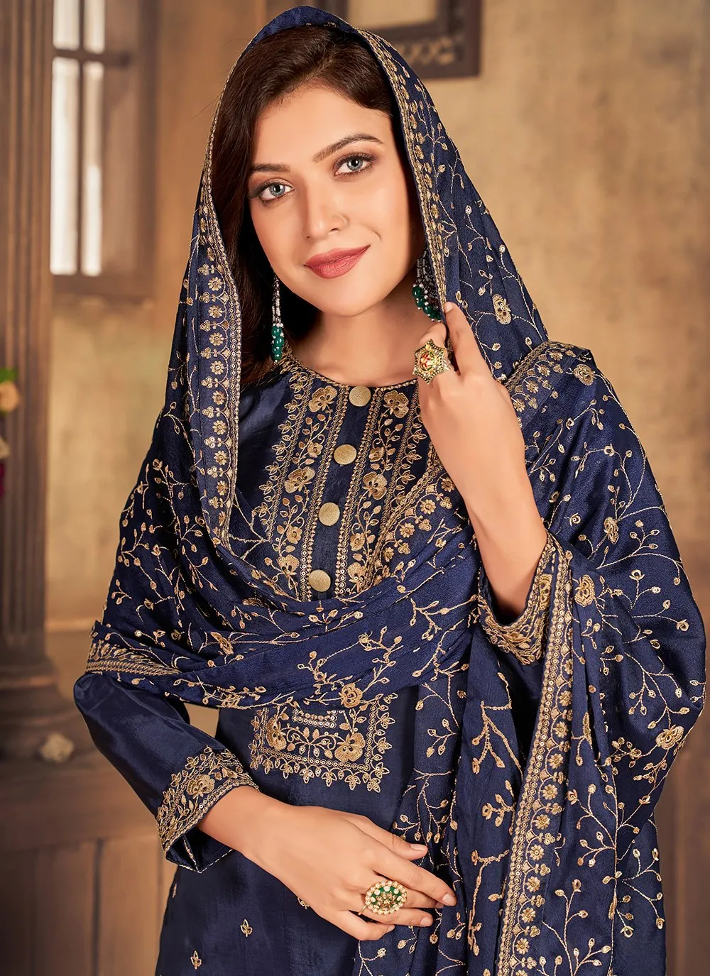 Navy Blue Viscose Embroidered Straight Pant Style Suit