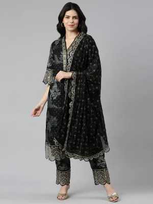 Neeru's Black Regular Straight Printed Readymade Suits