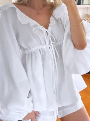 New puff-sleeved fashionable V-neck lace-up ruffled loose and comfortable casual suit