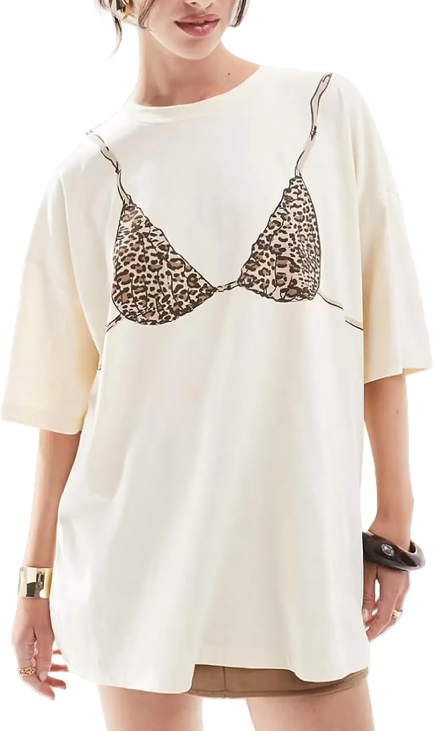 NUFIWI Women Y2k Bra Print Shirt Top Crewneck Short Sleeve Oversized Tee Graphic Bikini Funny Tshirts Coquette Clothes
