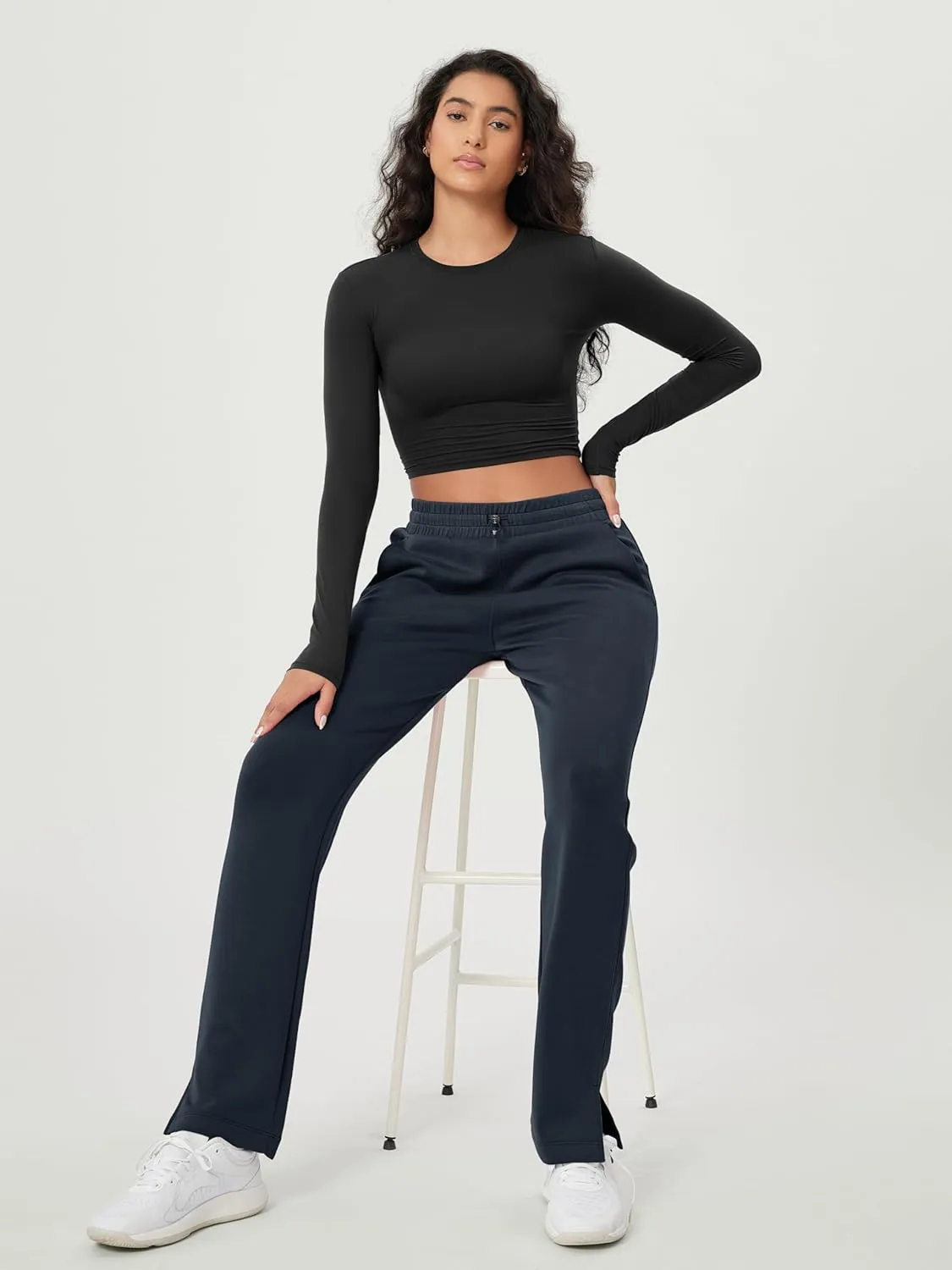ODODOS Women's Modal Soft Split-Hem High Waist Pants with Pockets Adjustable Shockcord Casual Lounge Pants