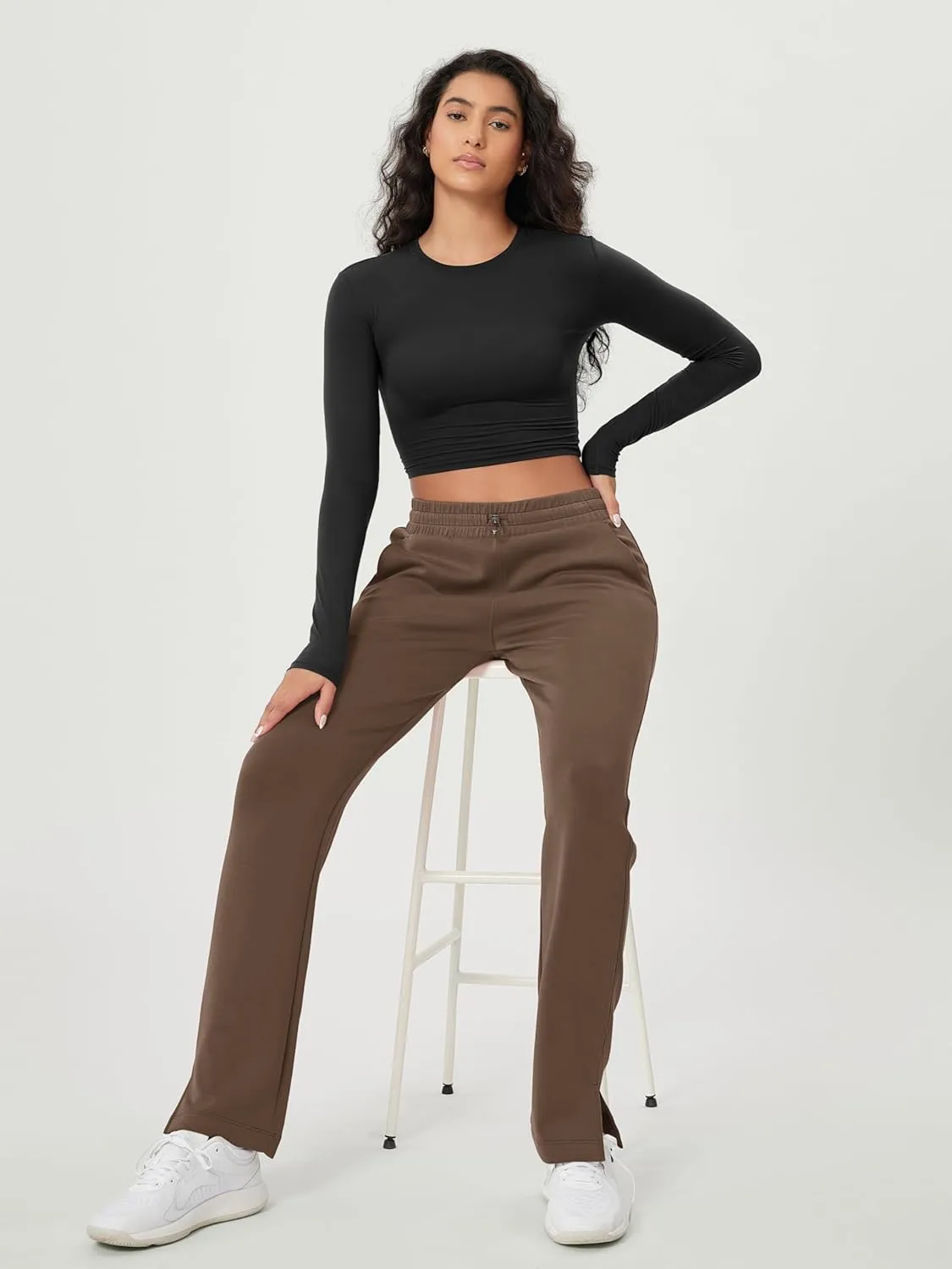 ODODOS Women's Modal Soft Split-Hem High Waist Pants with Pockets Adjustable Shockcord Casual Lounge Pants