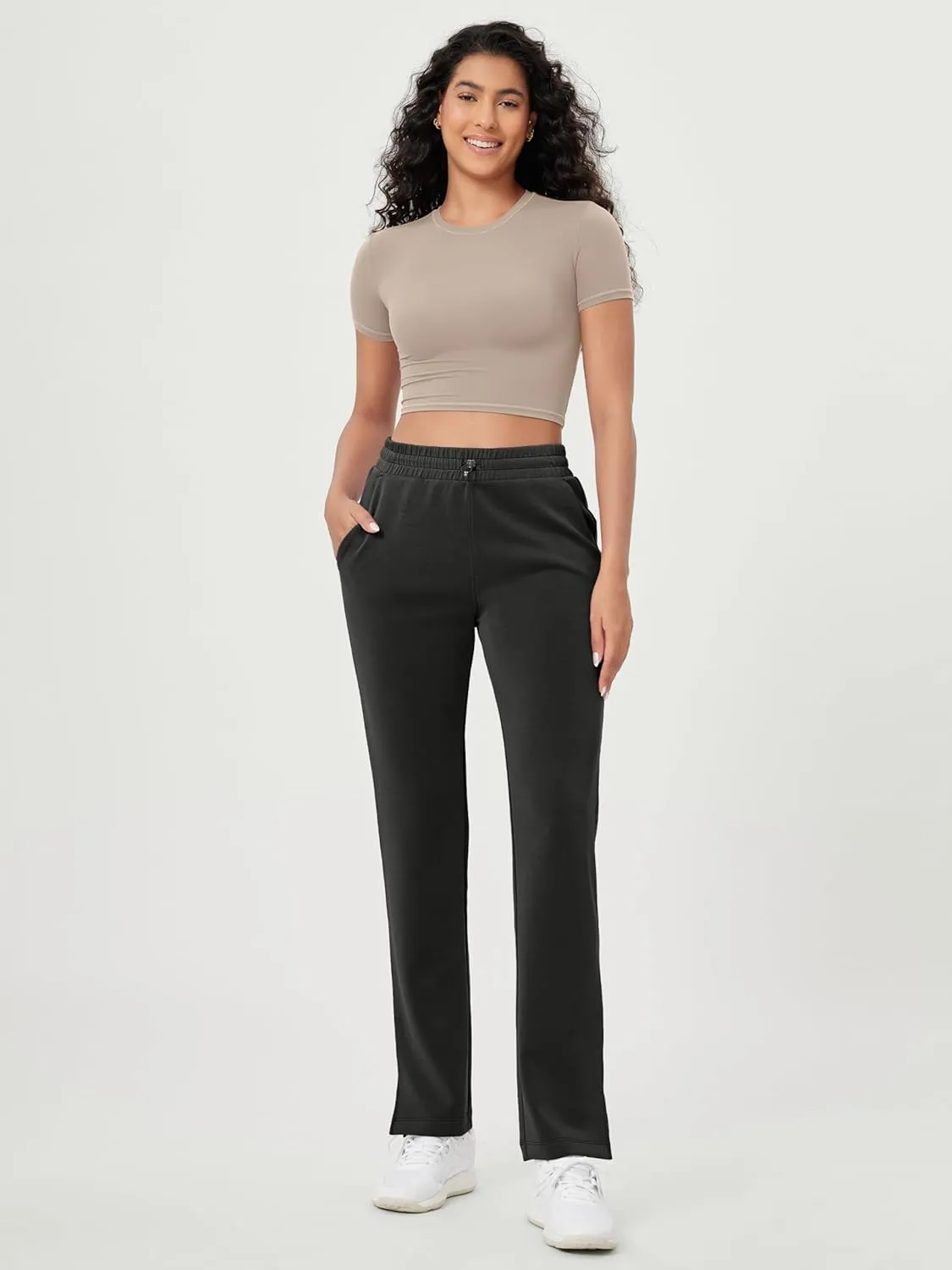 ODODOS Women's Modal Soft Split-Hem High Waist Pants with Pockets Adjustable Shockcord Casual Lounge Pants
